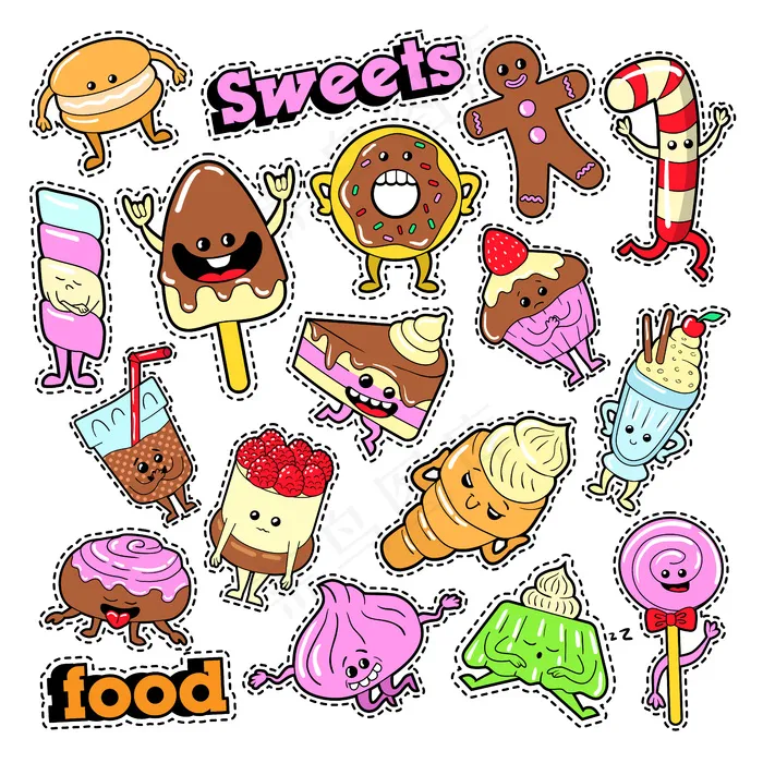 有趣的甜点人物面部表情徽章，补丁，贴纸。矢量涂鸦eps,ai矢量模版下载