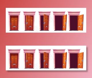 打开木制前门，白色背景上的石框隔离。卡通设置的房子入口，棕色的大门紧闭，半开半掩。精灵动画或2d游戏的插图