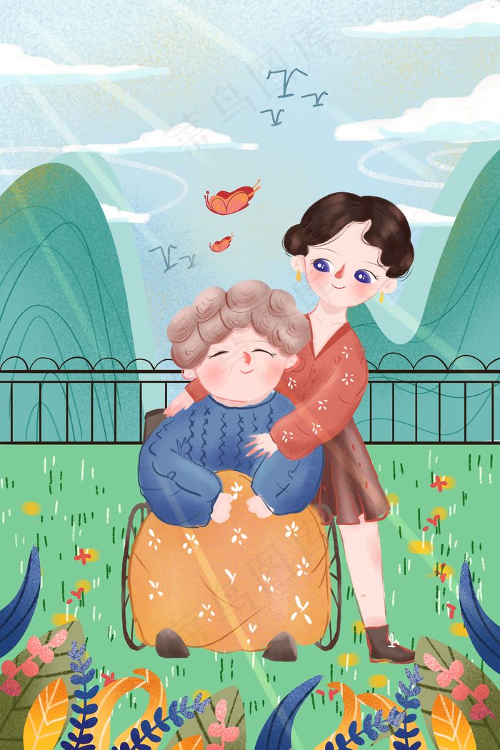 绿色系卡通可爱养老女孩照顾老人配图