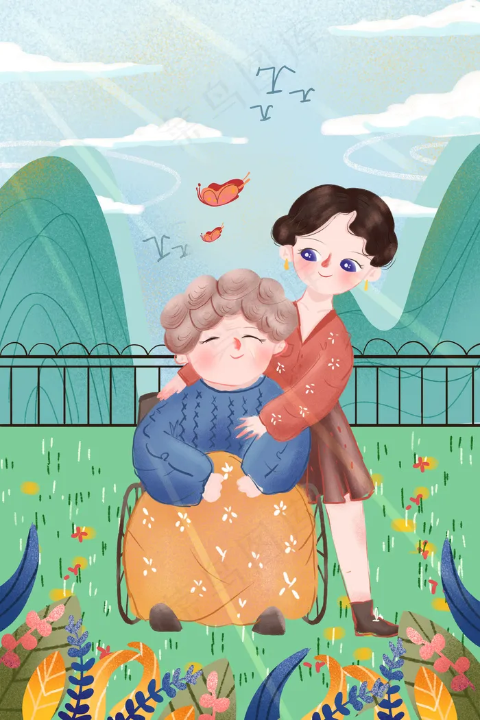 绿色系卡通可爱养老女孩照顾老人配图(3545*5315px 300 dpi )psd模版下载