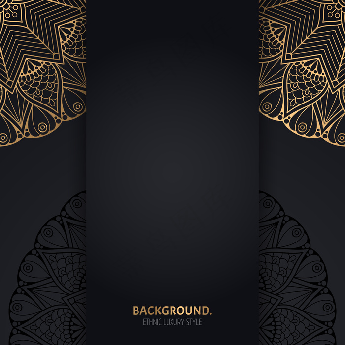 带金色几何曼荼罗圆圈的伊斯兰黑色背景