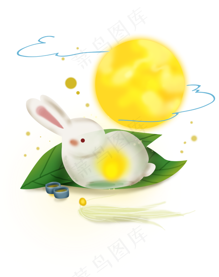 手绘中秋节月亮和兔子灯
