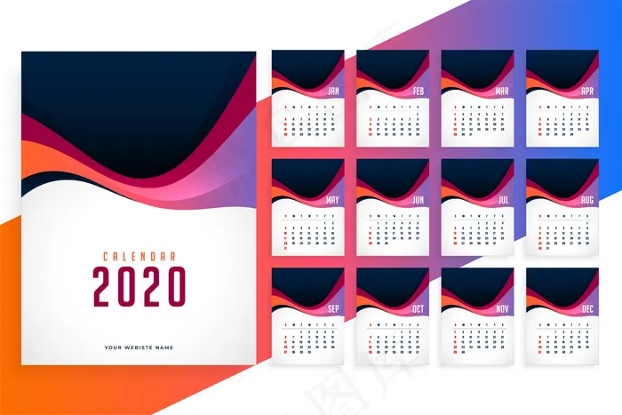 现代2020新年时尚日历模板eps,ai矢量模版下载