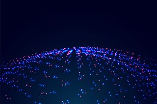 蓝色和红色背景的发光粒子抽象