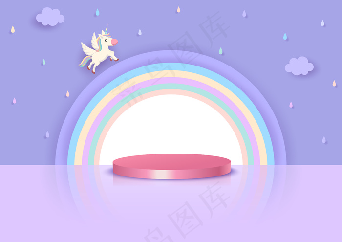 插图矢量三维风格的独角兽和彩虹与讲台站在紫色的雨天背景。eps,ai矢量模版下载
