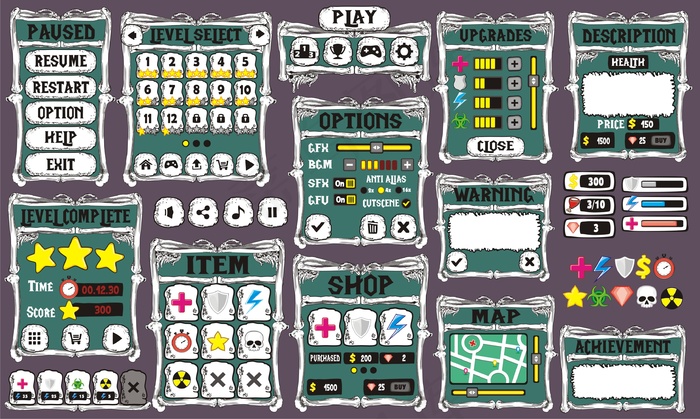 用于创建游戏的游戏用户界面和主题eps,ai矢量模版下载
