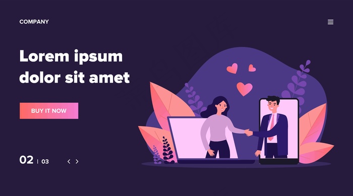 约会网站上的情侣聚会。快乐的男人和女人握手，小玩意屏幕，心插画。在线服务，为横幅banner，网站或登陆网页的互联网概念