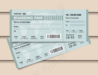 机票。航空公司登机牌模板。机场和飞机通行证文件。
