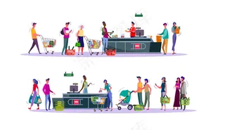 在超市结账处付款的买家集合