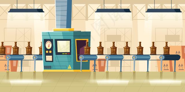 传送带上的玻璃瓶，卡通