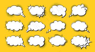 言语泡泡漫画波普艺术卡通集，模板爆炸云。复古80-90年代空设计元素半色调圆点背景。演讲思想斑点漫画复古横幅banner。插图隔离