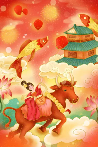 2021年牛年仙女骑着牛拍鼓鲤鱼在天空飞