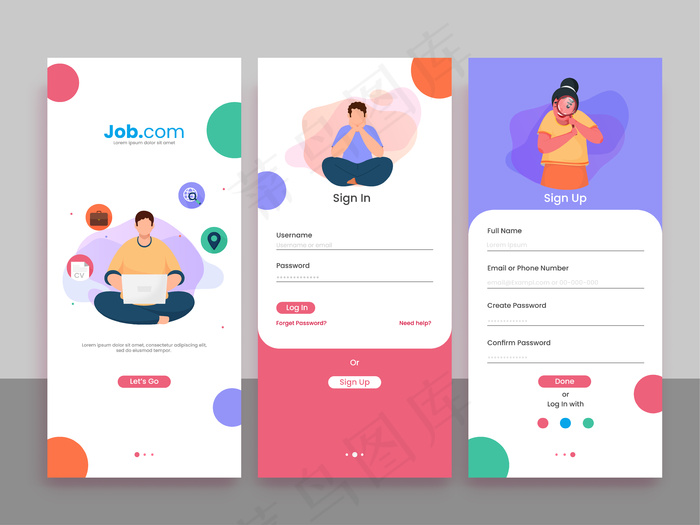 一套ui，ux，gui屏幕招聘应用程序，包括创建帐户eps,ai矢量模版下载