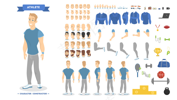 用于动画的运动人角色集，具有各种视图、发型、情感、姿势和手势。学校设备。孤立向量图解eps,ai矢量模版下载