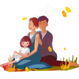 手绘一家三口秋天游玩全家福