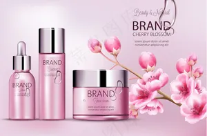 樱桃粉色化妆品品牌。一套装有香精、面霜、乳液的瓶子。产品植入。樱花盛开。沾满露水。品牌之地。现实主义