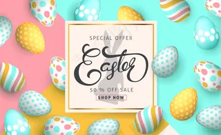 复活节销售横幅banner与美丽的彩蛋背景模板。