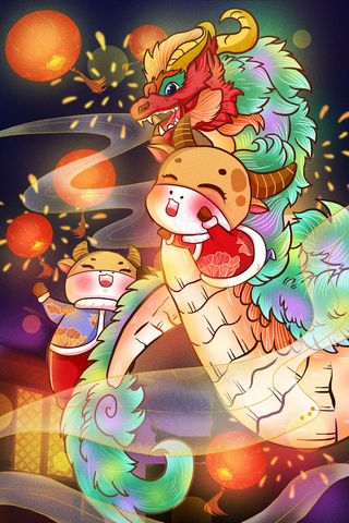 2021年春节牛年喜庆卡通龙和小牛