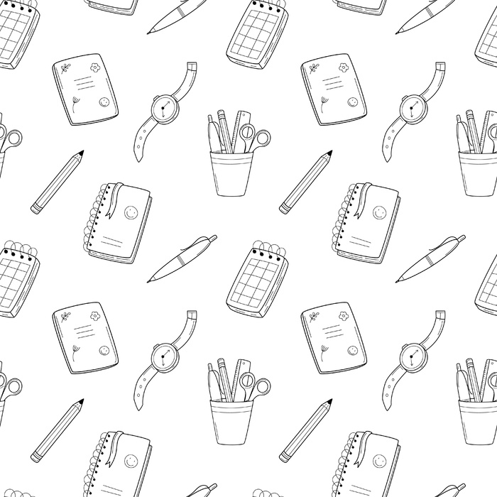 带有笔记本、时钟、文具、记事本、笔的学校无缝图案。黑色白色背景