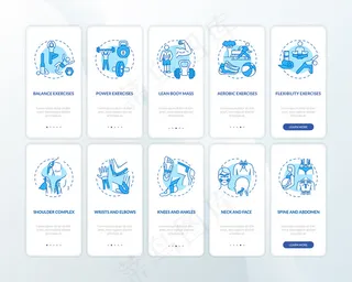 带概念集的蓝色车载手机app移动应用程序app页面屏幕。