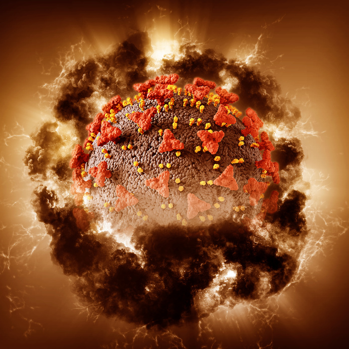 具有风暴效应的covid 19病毒细胞的抽象医学背景的3d渲染