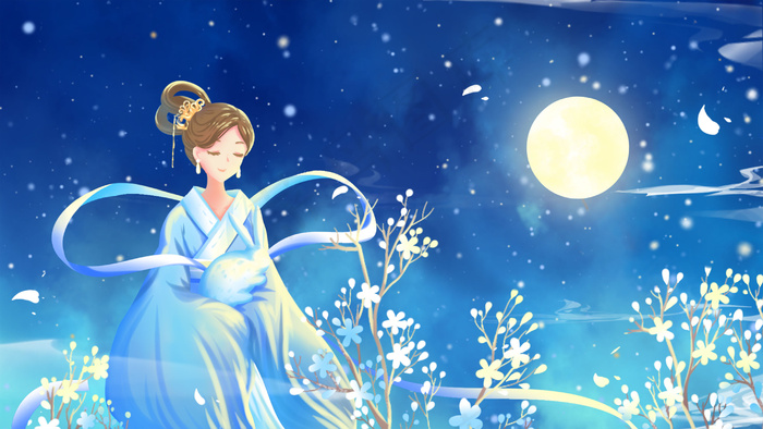 蓝色唯美卡通治愈清新中秋节嫦娥配图中秋(2880*1620px 300 dpi )psd模版下载