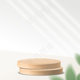 具有几何形式的抽象极小场景。白色背景带树叶的圆柱形木质讲台。产品模型样机、展示台、展示台、展示台。三维