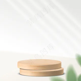 具有几何形式的抽象极小场景。白色背景带树叶的圆柱形木质讲台。产品模型样机、展示台、展示台、展示台。三维 具有几何形式的抽象极小场景。白色背景带树叶的圆柱形木质讲台。产品模型样机、展示台、展示台、展示台。三维