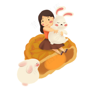 中秋节女孩抱着兔子月饼素材