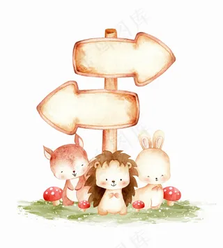 可爱的林地动物，带木质标志模板水彩插图