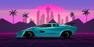 一辆跑车在一个复古的波浪景观与霓虹灯网格，城市和棕榈树。80年代风格的矢量插图。