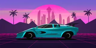 一辆跑车在一个复古的波浪景观与霓虹灯网格，城市和棕榈树。80年代风格的矢量插图。