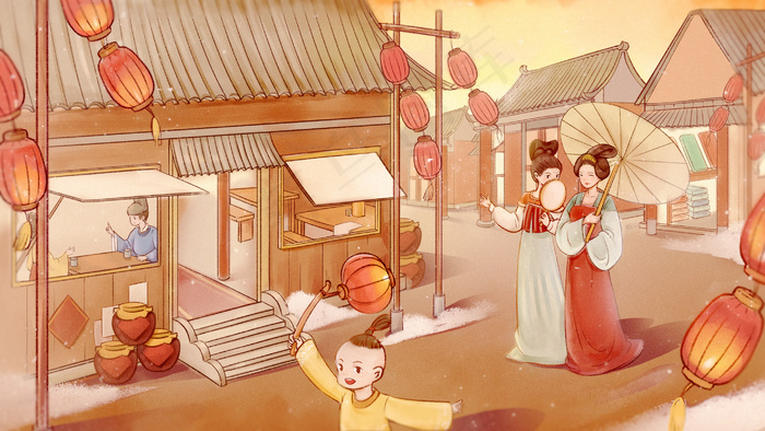 黄色新中国风水墨古装女子逛街(2880*1620px 300 dpi )psd模版下载