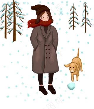 冬季冬天节气冬装卡通散步小美女