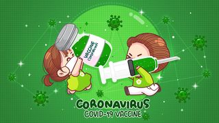 拿着冠状病毒疫苗冠状病毒注射注射器的女孩和男孩