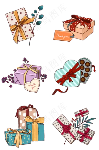 手绘精美礼盒组图PNG免抠素材