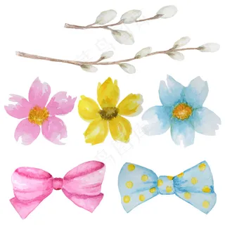 美丽鲜艳的粉色、黄色、蓝色水彩花、柳枝和蝴蝶结套装。水曲柳