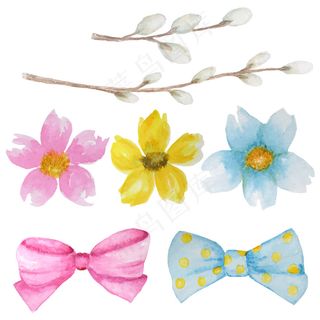 美丽鲜艳的粉色、黄色、蓝色水彩花、柳枝和蝴蝶结套装。水曲柳