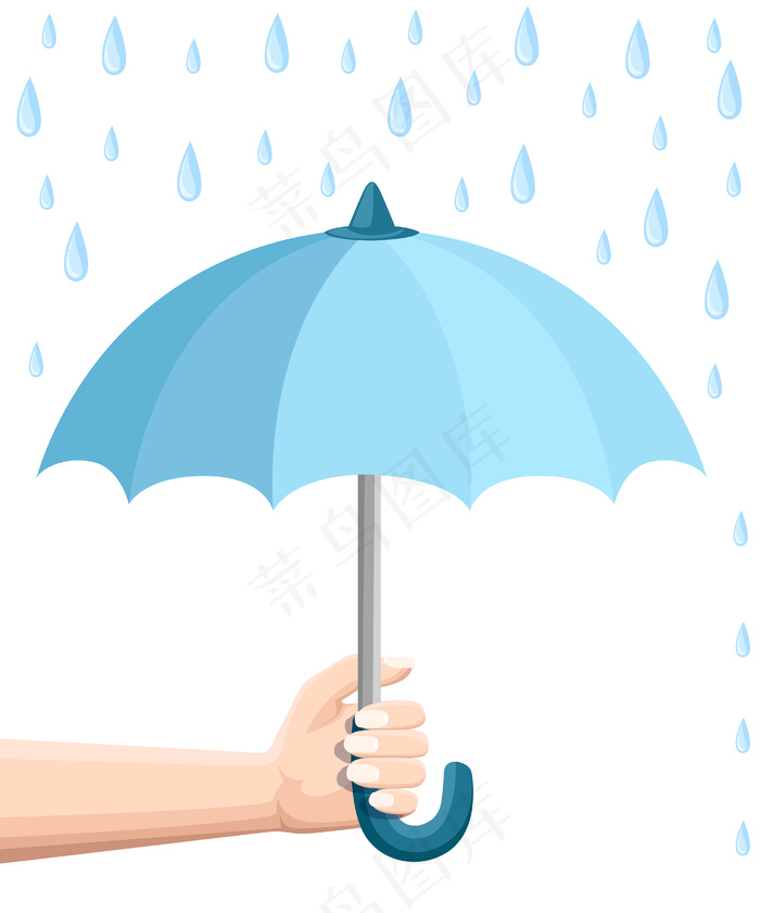 手拿蓝色雨伞。雨伞保护。风格。白色背景插图