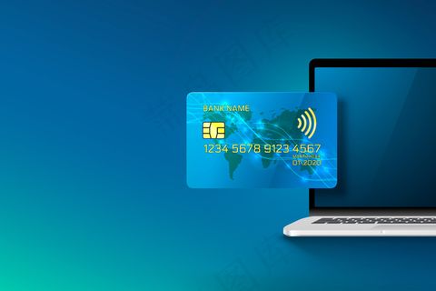电子信用卡与计算机、金融技术、蓝色隔离。