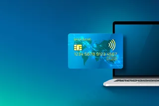 电子信用卡与计算机、金融技术、蓝色隔离。