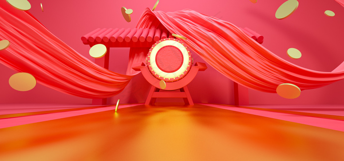 喜庆锣鼓金币发财彩带场景