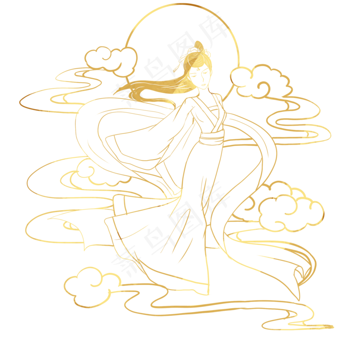 金色线描中秋奔月嫦娥(2000X2000(DPI:300))psd模版下载