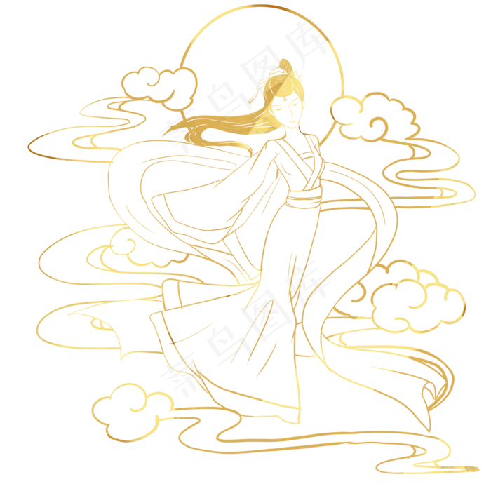 金色线描中秋奔月嫦娥(2000X2000(DPI:300))psd模版下载