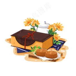中秋节月饼礼盒菊花和茶壶组合