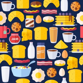 早餐图标无缝彩色图案。