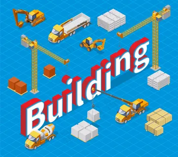 等距工业建筑概念图，使用不同的建筑材料起重机、混凝土搅拌车、货车和挖掘机进行隔离