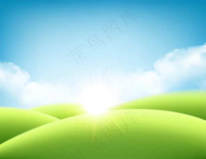 夏日自然日出的背景，青山绿草，蓝天白云。eps,ai矢量模版下载