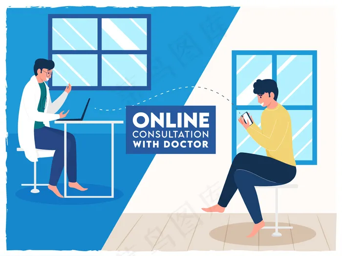 患者通过视频通话与室内医生进行在线会诊。eps,ai矢量模版下载
