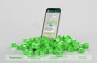 手机上的Whatsapp模型样机上散落着一堆立方体图标Whatsapp